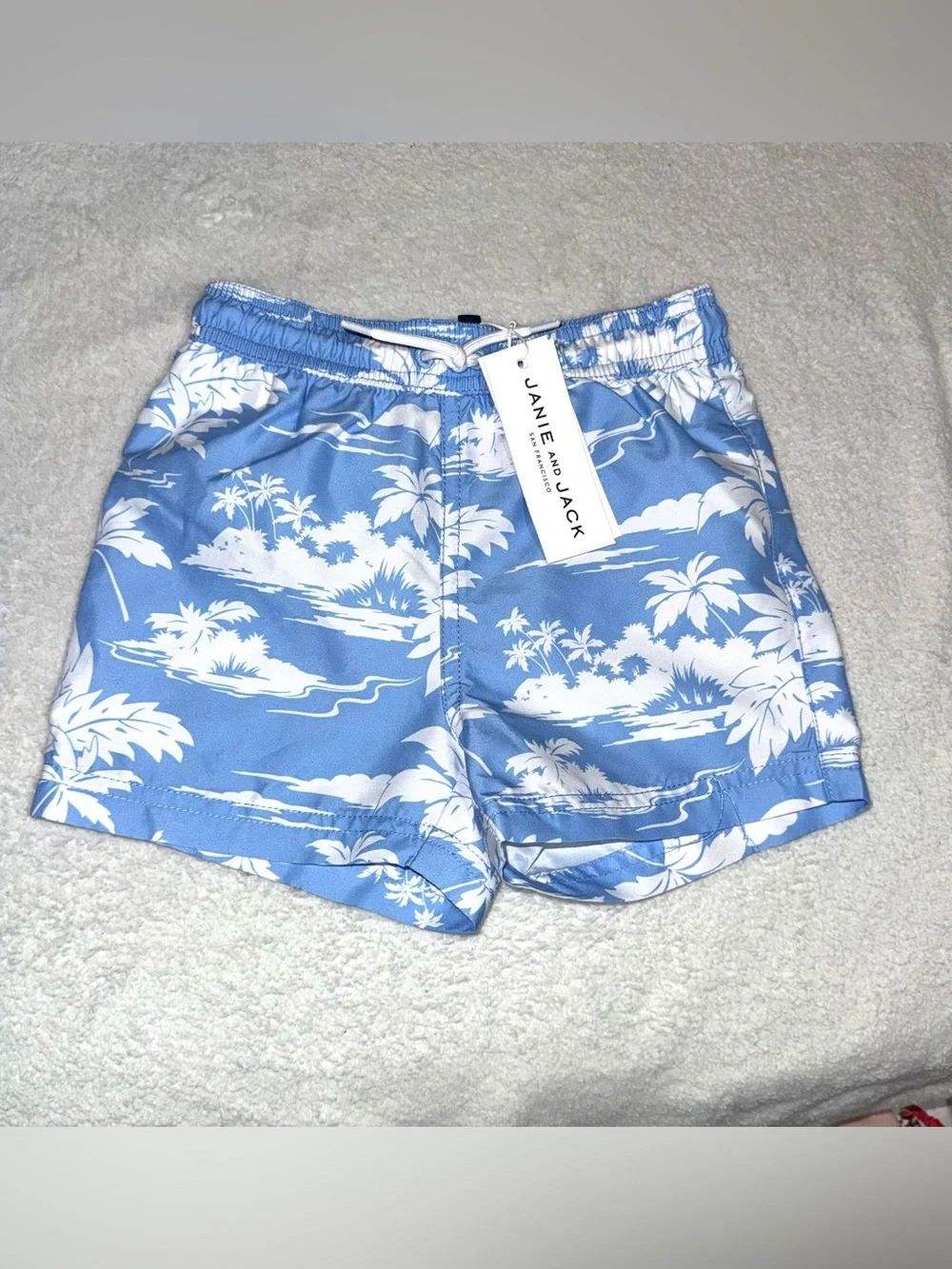Janie and Jack blue and white Island Toile swim trunks, size 18-24 mos, NWT